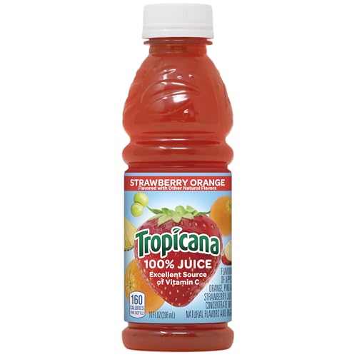TROPICANA 100% ORANGE STRAWBERRY JUICE,SINGLE SERVE, 10 FL OZ BOTTLES (PACK OF 24) – REAL FRUIT JUICE, VITAMIN C, B & E RICH, NO ADDED SUGARS, NO ARTIFICIAL FLAVORS