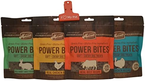 Merrick Power Bites Grain Free Soft Training Treats 4 Flavor Variety Bundle: (1) Real Beef Recipe, (1) Real Chicken Recipe, (1) Real Rabbit & Sweet Potato, & (1) Turducken Recipe, 6 Oz. Ea.