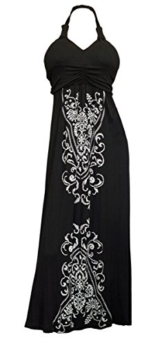 eVogues Plus Size Maxi Cocktail Cruise Halter Dress with Embroidery Print Detail Black - 3X