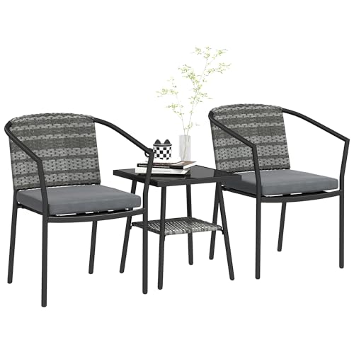 Outsunny 3 Piece Wicker Patio Furniture Set, PE Rattan Bistro Set with Armchairs, 2-Tier Glass-Top Table, Cushions, Outdoor Conversation Furniture for Porch, Balcony, Dark Grey