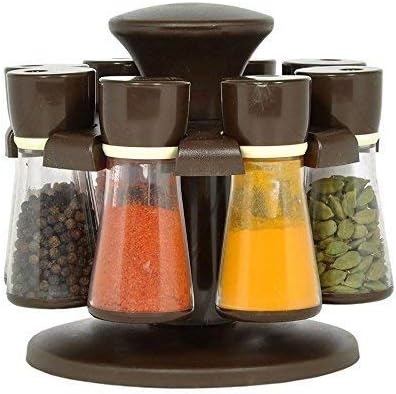 DarkpyroPremium 17 Piece Multipurpose Revolving Plastic Spice Storage Rack Jar Condiment Set (Brown)