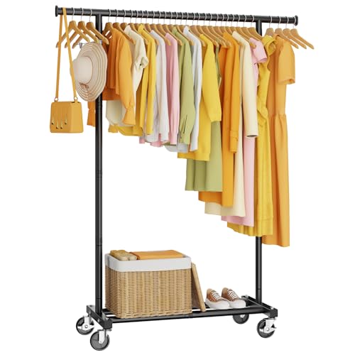 HYSEYY Clothes Rail, Rolling Clothes Rack, Clothing Rail with 4 Lockable Wheels & Storage Shelf, Sturdy Clothing Rack for Bedroom, Laundry Room, Portable Hanging Rail, 162H x 102W x 42D cm, Black