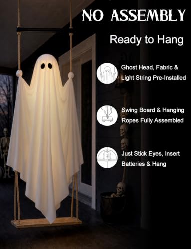 Joyehome Halloween Decorations Outdoor 4.6FT Pre-Assembled Hanging Swing Ghost with Remote Lights Spooky Hanging Ghosts for Porch Yard Tree Party