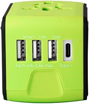 International Travel Power Adapter with 2.4A 3 USB Type C Universal Charger Worldwide AC Wall Outlet Plugs for UK, US, AU, Europe &amp; Asia-(Green)