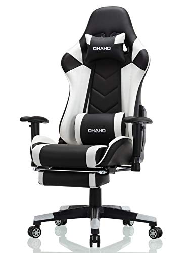 OHAHO Gaming Chair Racing Style Office Chair Adjustable Massage Lumbar Cushion Swivel Rocker Recliner High Back Ergonomic Computer Desk Chair with Retractable Arms and Footrest(Black/White)