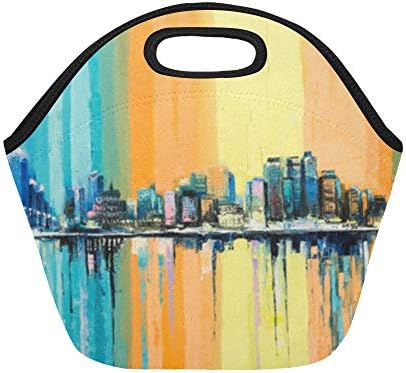 Insulated Neoprene Lunch Bag Colorful City Painting Art Oil Painting Landscape Oil Paint Design Large Size Reusable Thermal Thick Lunch Tote Bags For Lunch Boxes For Outdoors,work, Office, School