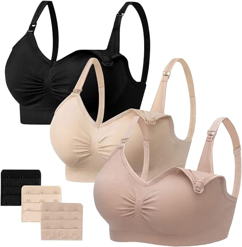 HBselect Women’s Maternity/Nursing Bra, Seamless Non-Wired Nursing Bra with Additional Bra Extensions, Breastfeeding and Sleeping, Pack of 3