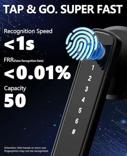 Amerdeco Smart Fingerprint Door Lock, Biometric Keyless Entry Door Lock with APP - Cards - Backup Key - Fingerprints - Codes for Bedroom Hotel Office Apartment and More(Black)