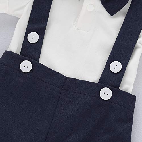 Baby Boys Gentleman Outfits Set Short Sleeve Romper with Tie and Overalls Bib Pants Wedding Tuxedo Outfits (Navy Blue, 0-6 Months)
