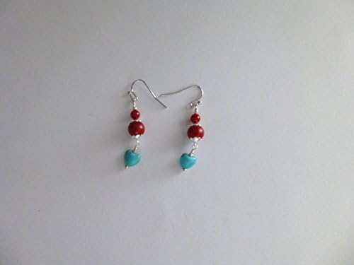 Red Coral and Turquoise Magnesite Heart Earrings
