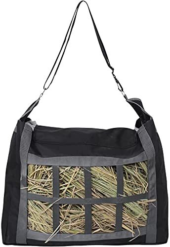 Namvo Hay Bag, Adjustable Strap and Large Capacity 600D Oxford Cloth Horse Feeding Bag Hay Tote Bag Slow Feed Hay Bag with Small Squares Black