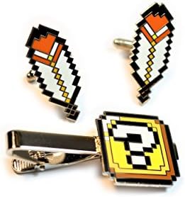 Super Mario World ? QUESTION BLOCK BOX Tie Bar Clip Pixel SNES Suit Wedding CAPE FEATHER Cuff Links CUFFLINKS SET