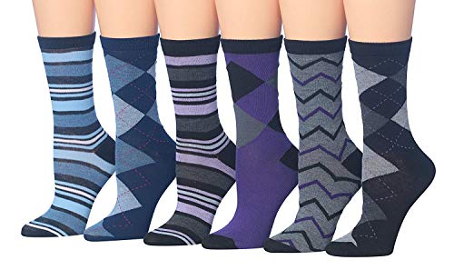 Tipi Toe Women's 12-Pairs Value Pack Argyle & Stripe Colorful Crew Dress Socks, (sock size 9-11) Fits shoe size 5-9, WC44-AB