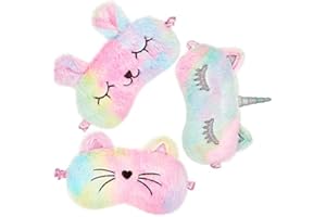 GEYOGA 3 Pieces Sleep Mask for Kids, Girls Plush Sleeping Eye Cover Soft Eye Blindfold Cover Animal Shade for Kids(Rainbow Color,Bunny, Cat and Unicorn Style)