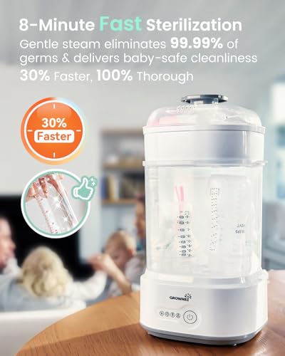 Grownsy Baby Bottle Sterilizer and Dryer, Compact Baby Bottle Sterilizer, Electric Steam Bottle Sanitizer for Baby Bottles, Pacifiers, Pump Parts