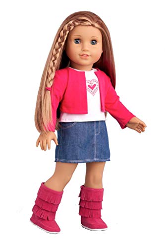 Fuchsia Heart - 4 piece outfit - fuchsia jacket, t-shirt, denim skirt and boots - 18 inch Doll Clothes (doll not included) - Thumbnail 5