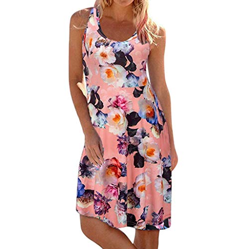 Sengei Women Dresses Women's Floral Print Sleeveless Party Bodycon Dress Summer Casual Crew Neck Tunic Tops Dress (XXXL, Pink)