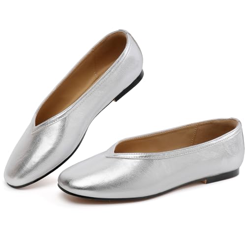 RIBONGZ Ballet Flat Shoes for Women Silver Closed Round Toe Mary Jane Flats Comfortable Slip On Casual Shoes Dressy Office Work Walking Driving Size 8.5 at Amazon