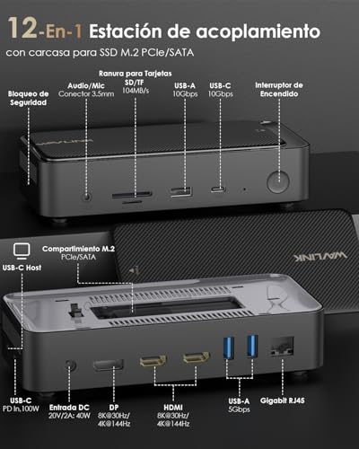 WAVLINK Triple Display Dock, 12-in-1 USB Docking Station with M.2 PCIe/SATA SSD Enclosure, 100W Power Delivery Charging Support, HDMI/DP 8K@30Hz, USB C/A, SD/TF and Gigabit for Windows and Mac OS