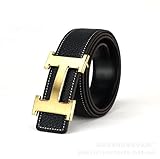 TA Mens H-Frame Buckle Leather Belt Black Gold Buckle(32