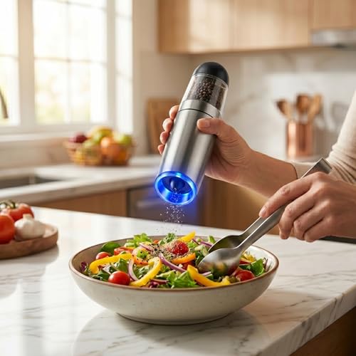 Moedor Eletrico de Sal e Pimenta com Sensor de Gravidade Automático e LED Azul - Mecanismo Ceramico Ajustavel, Operacao com Uma Mao, Inox para Temperos (Prata)
