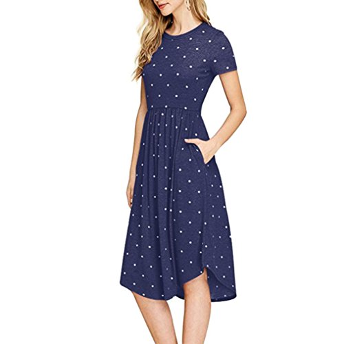 Dress-Han Shi Womens Summer Fashion Short Sleeve Dot Printing Wave Dresses (Navy, M) - Thumbnail 2