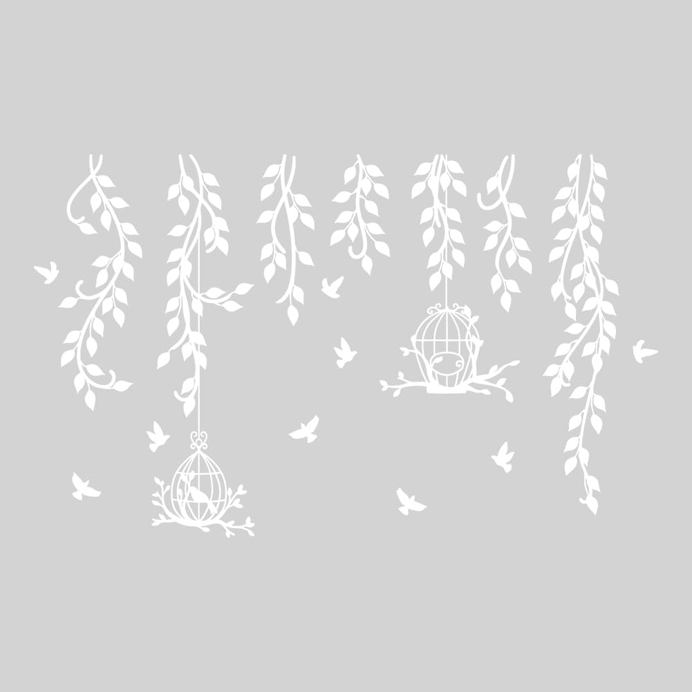 SUPERDANT White Flower Vine Wall Stickers Branches Birdcage Wall Stickers for Bedroom Wall Decoration for Living Room Removable Stickers Children's Home Wall Decoration