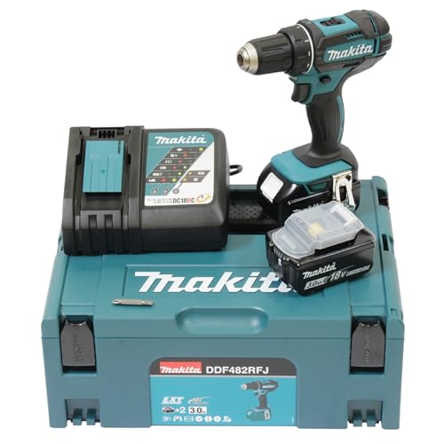 Makita DDF482RFJ Cordless Drill 18 V / 3.0 Ah, 2 Batteries and Charger in MAKPAC Black, Blue