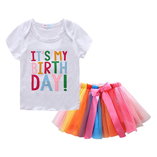 LittleSpring Birthday Outfit for Girls Birthday Shirt and Rainbow Tutu Sets 4T