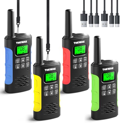 Tokwak Long Range Walkie Talkie USB C Rechargeable 4 Pack Walkie Talkie Kids Adults 16 Channel VOX Torch, Walkie Talkie PMR446 Li-ion Battery for Camping, Hiking, Cycling, Parties