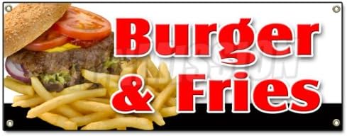 Burger & Fries Banner Sign Cheeseburger French Fries Grill Beef Ketchup Cheese