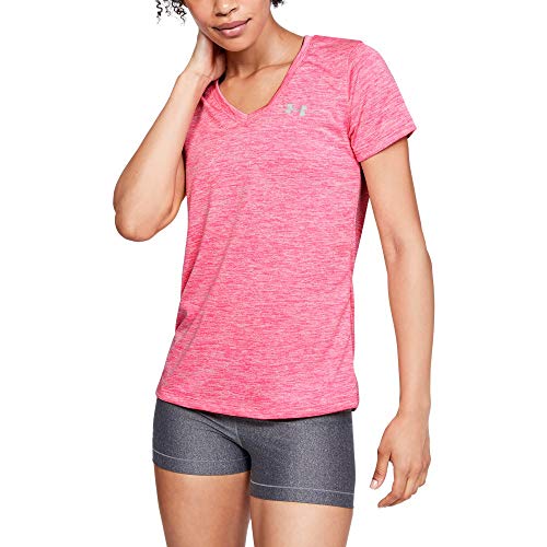 Under Armour womens Tech V-Neck Twist Short Sleeve T-Shirt, Mojo Pink (642)/Metallic Silver, Medium
