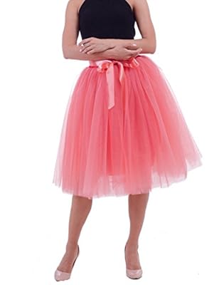 Women's Solid A Line Midi/Knee Length Tutu Skirt 6 Layered Pleated Tulle Petticoat Dance Tutu
