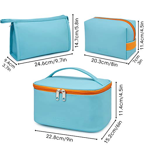 WANDF 3 Pieces Makeup Bag PU Leather Toiletry Bag Portable Cosmetic Pouch Water-resist Travel Organizer for Women (Blue) 2 WANDF 3 Pieces Makeup Bag PU Leather Toiletry Bag Portable Cosmetic Pouch Water-resist Travel Organizer for Women (Blue)