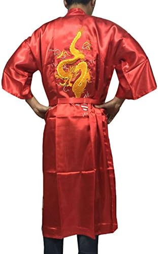 YueLian Men's Long Satin Chinese Dragon Embroidery Robe Kimono Bathrobe Sleepwear