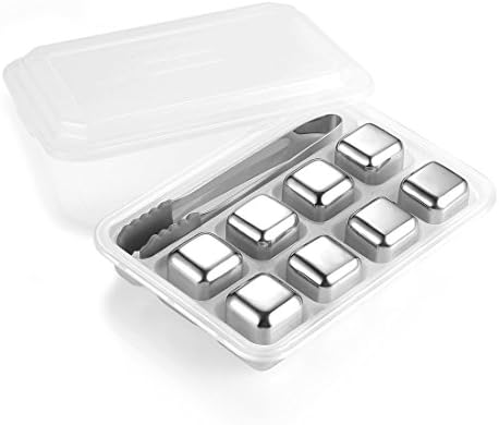 Mayshion Set of 8 Stainless Steel Ice Cubes,Whiskey Rocks,Reusable Chilling Stones for Wine,Whiskey,Beer,Beverage(Stainless Steel Tweezer and Tray with Cover)