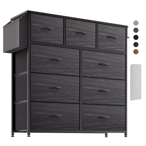 PURFINO Fabric Chest of Drawers - Dresser Canvas Organizer with 9 Large Drawers, Label Cards, Side Pocket and Hook, for Living Room, Hallway, Bedroom