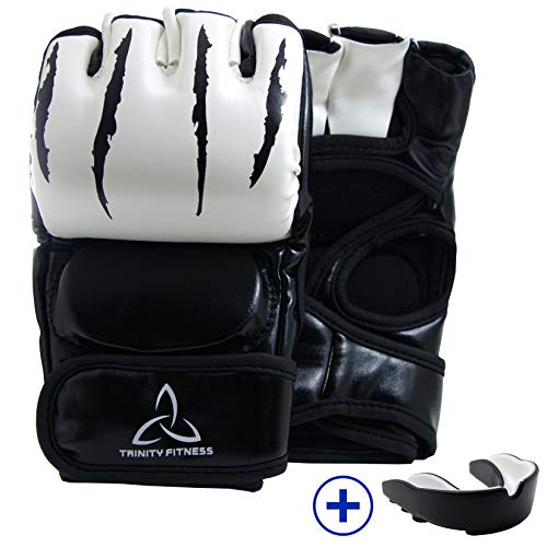 Trinity Fitness MMA Gloves Grappling Martial Arts Sparring Punching Bag Cage Fighting Leather Mitts UFC Combat Training (White, Small-Medium)