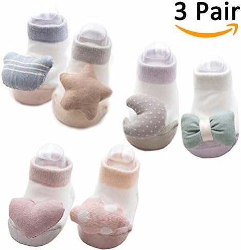 3 Pairs 3D Solid Baby Toddler Cotton Socks Anti Slip Skid Grips Girls Boys Gift(M(6-12M), 02Mix)