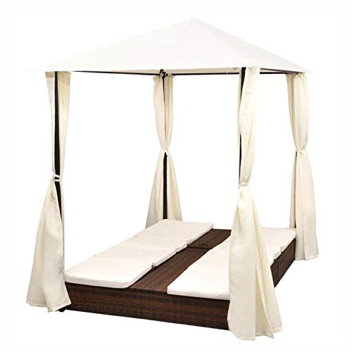 Sunlounger, Double Sun Lounger with Curtains Poly Rattan Brown - Thumbnail 5