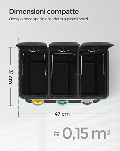 Cestino per Rifiuti da Cucina, 3 x 8 L Pattumiera Differenziata Piccolo Volume, Cestino Triplo in Acciaio, Pedali e Secchi Interni, Facile da Pulire, Argento e Nero LTB24L