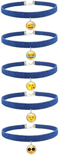 EVELICAL 5Pcs Emoji Necklace for Women Girls Blue Denim Collar Necklaces