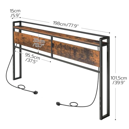 HOOBRO King Size Headboard with Storage, Wooden King Headboard with Power Outlets, Industrial King Bed Headboard Only, Adjustable Height, with Metal Frame, Rustic Brown and Black EBF98KBH01