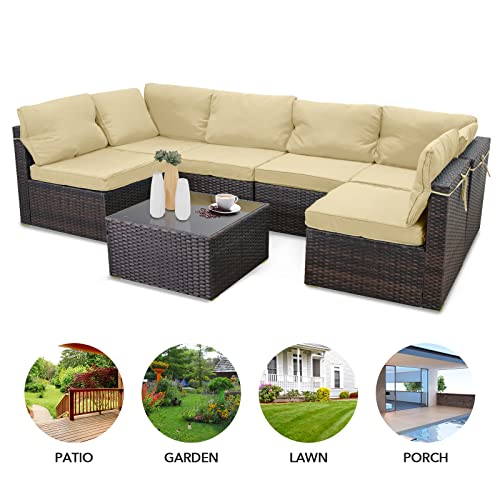 LeveLeve 7 Piece Wicker Patio Furniture Set PE Wicker Rattan Patio Set Porch Furniture, Cushioned Patio Chairs Outdoor Chat Conversation Set, Brown… (Sand)
