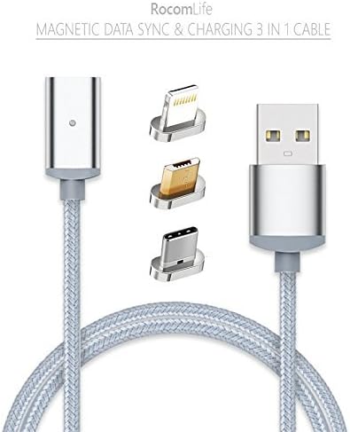 Magnetic Charging Cable Data Sync Type-C Micro USB Lightning 3-in-1 Adapters Android iPhone Galaxy S4 S5 S6 S7 S8 Edge Pixel Devices Nylon Braided 2.4 Amp 3.5 Foot Illuminated (Silver)