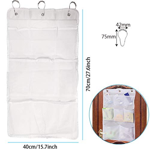 HuiDao Bath Hanging Caddy Shower Hanging Organizer 8 Quick Dry Mesh Pockets Storage Bag with 3 Ring Hooks for Hanging On Bathroom Curtain Rod, 27.5x15.7 Inch (White)
