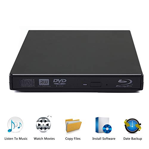 External Blu Ray Drive, USB 2.0 CD DVD Portable Burner Slim Disk Player Writer Reader for Windows XP/7/8/10, MacOS, Linux for Notebook MacBook, Laptop, Desktop (Black)