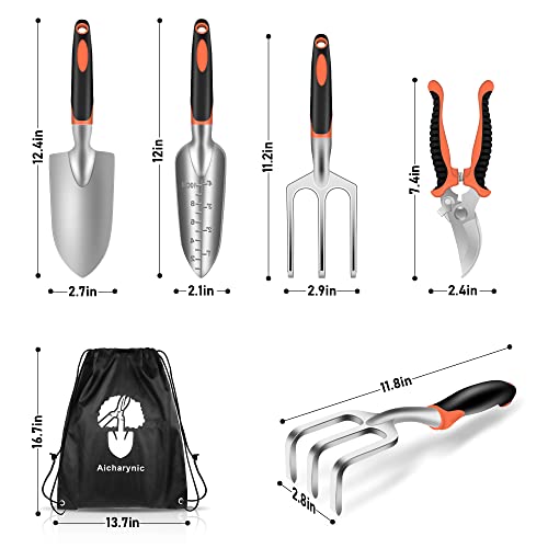 Aicharynic Gartenwerkzeug Set, 6 in 1 Aluminium Gartengräte Set, Ausgestattet mit Anti-Rutsch-Griff, Gartenhandschuhe, Garten Zubehör Geschenk für Balkon und Terrassengärtner