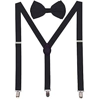 Navisima Adjustable Elastic Y Back Style Suspender With Bowtie Set for Men and Women With Strong Metal Clips, Black