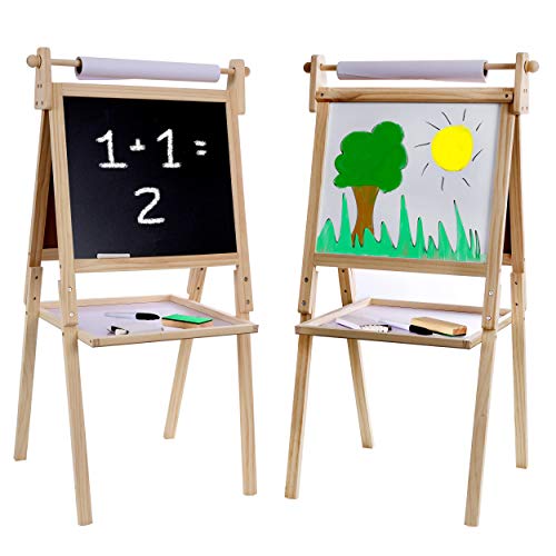 Kraftic Kid's Drawing Easel- Chalkboard, Magnetic Dry Erase Board and Paper Roll, with a Storage Tray on The Bottom